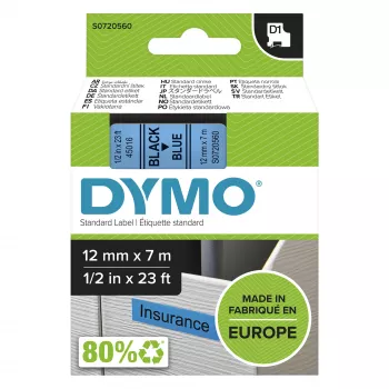 DYMO Authentic D1 Labels | Schwarzer Druck auf blauem Band | 12 mm x 7 m | Selbstklebende Etiketten für LabelManager Etikettendrucker | Hergestellt in Europa