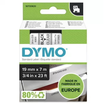 DYMO Authentic D1-Etiketten | Schwarzer Druck auf transparenter Folie | 19 mm x 7 m | Selbstklebende Etiketten für LabelManager-Etikettendrucker | Hergestellt in Europa
