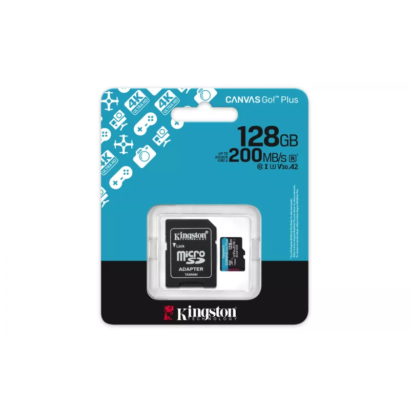 Kingston Technology 128 GB microSDXC Canvas Go Plus Gen4 200 MB/s A2 U3 V30 Karte + Adapter