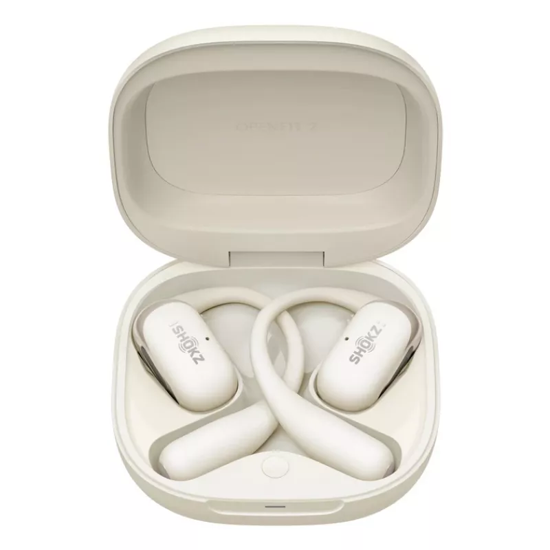 Open-Ear kabelloses Headset Shokz OpenFit 2 — Bluetooth 5.4, IP55, Knochenleitung, 11 Std. Wiedergabe (48 Std. mit Case), USB‑C, beige