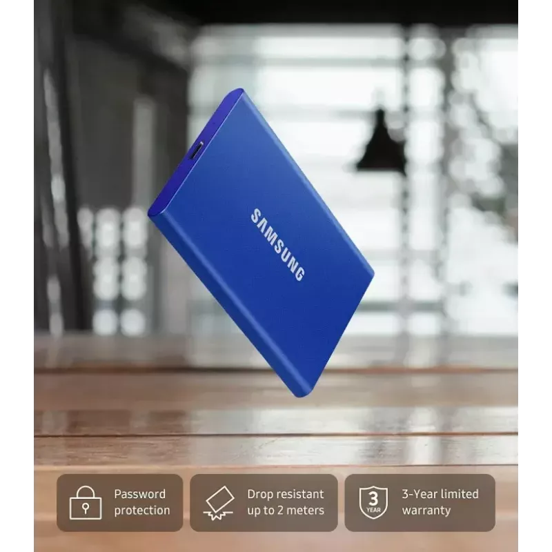 Externe SSD Samsung T7 Portable 1 TB, USB-C 3.2 Gen 2, NVMe, AES-256 Hardware-Verschlüsselung, Blau