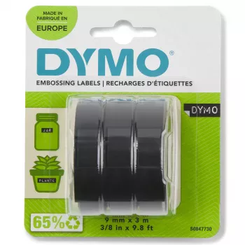 DYMO Original-Prägeband | 9 mm x 3 m Rollen | Weiße Schrift auf Schwarz | Selbstklebend | für Prägegeräte | 3 Stück