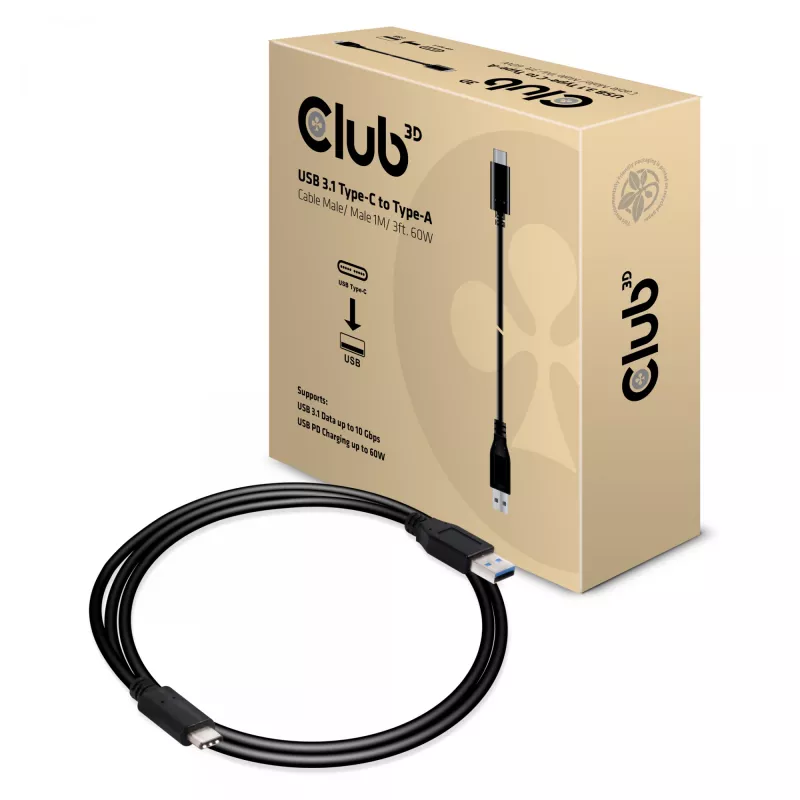 Club 3D CAC-1523 USB-C-auf-USB-A-Kabel, USB 3.1 Gen 2, 10 Gbit/s, PD 60 W, Stecker/Stecker, 1 m, Schwarz