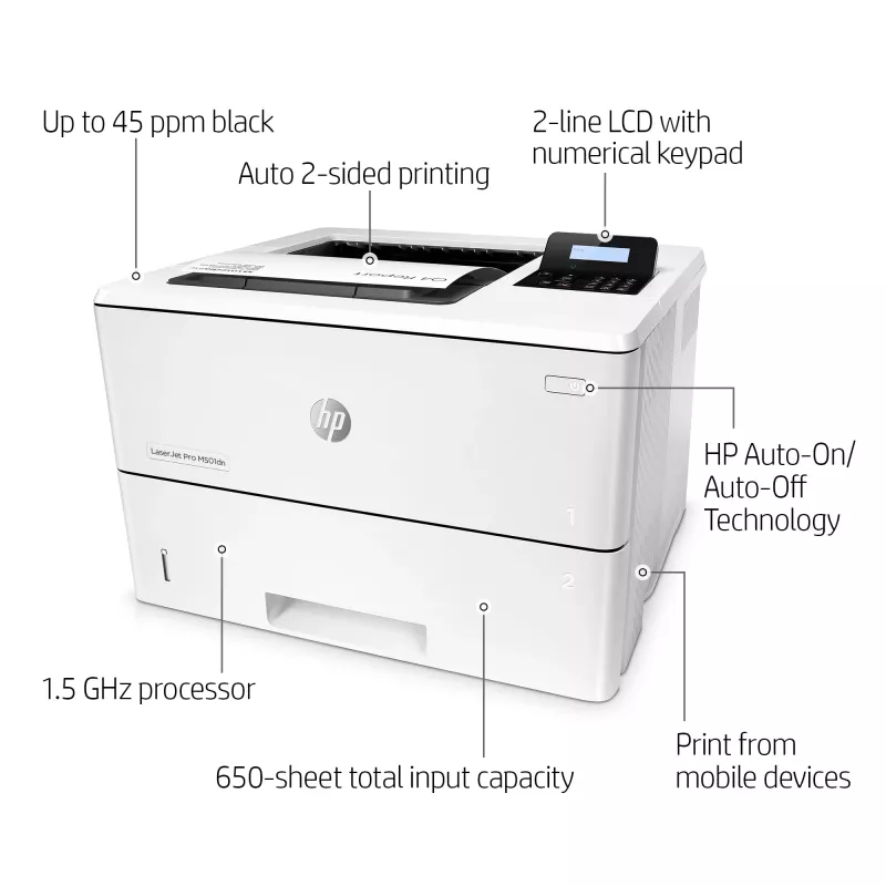 HP LaserJet Pro M501dn, Laser, 600 x 600 DPI, A4, 43 ppm, Duplexdruck, Netzwerkbereit