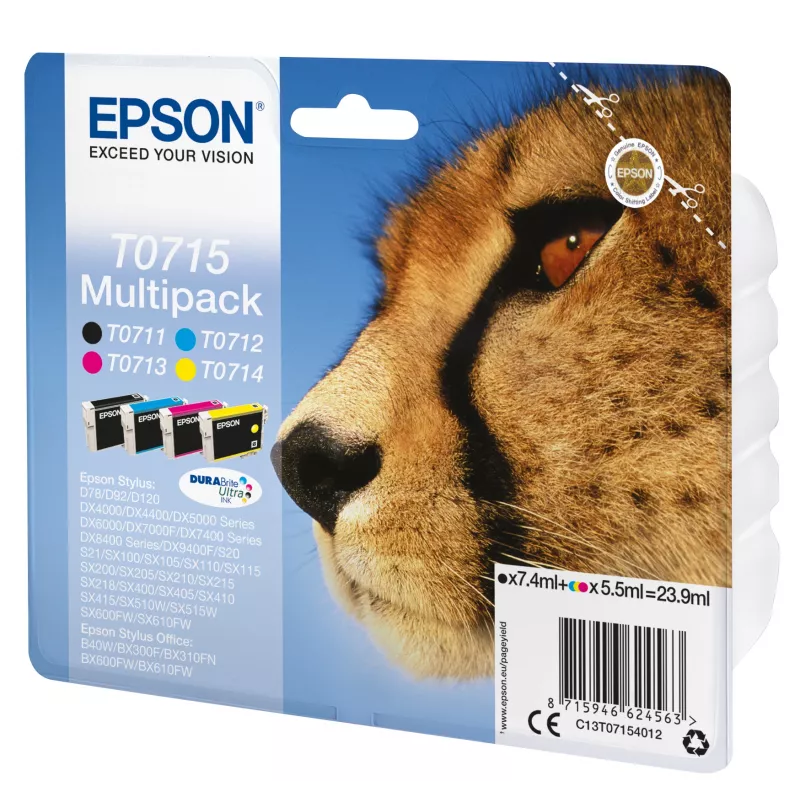 Epson Multipack 4-Farben T0715 DURABrite Ultra Tinte, Standardertrag, Schwarz, Cyan, Magenta, Gelb, 7.4 ml, 5.5 ml, 1 St., Multipack