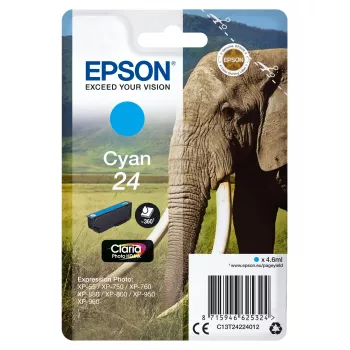 Epson Elephant Singlepack Cyan 24 Claria Photo HD Tinte, Standardreichweite, Cyan, Farbstofftinte, 4.6 ml, 1 Stk., 360 Seiten