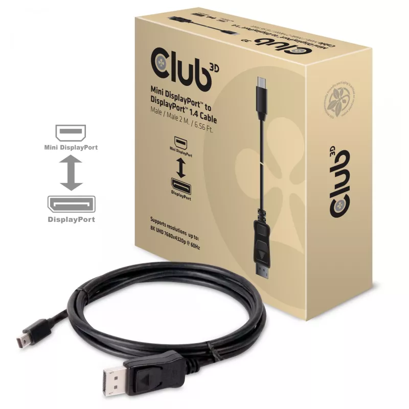 Club 3D CAC-1115 Mini-DisplayPort-1.4-auf-DisplayPort-1.4-Kabel, HBR3, 8K60Hz, 2 m, Schwarz