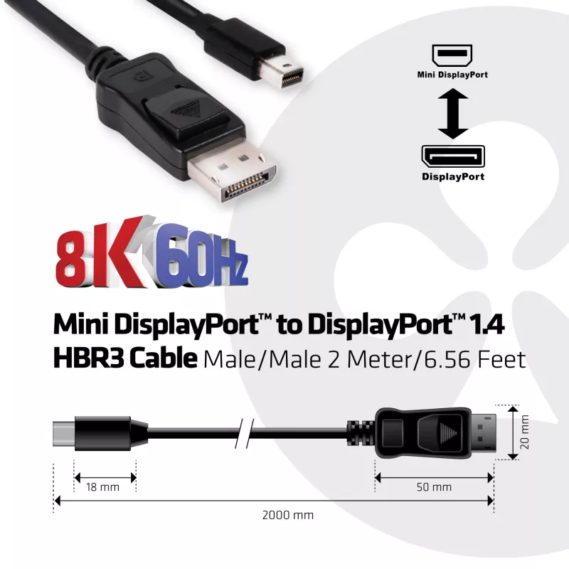Club 3D CAC-1115 Mini-DisplayPort-1.4-auf-DisplayPort-1.4-Kabel, HBR3, 8K60Hz, 2 m, Schwarz