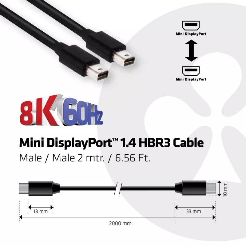 Club 3D CAC-1164 Mini-DisplayPort-1.4-Kabel, HBR3, 8K60Hz, Stecker/Stecker, 2 m, Schwarz