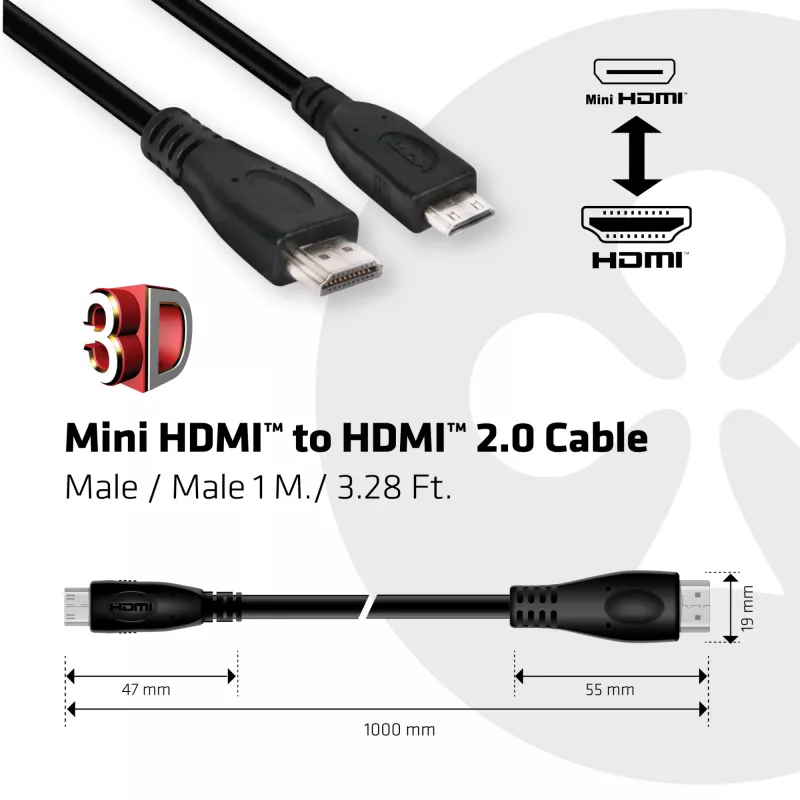 Club 3D CAC-1350 Mini-HDMI-auf-HDMI-2.0-Kabel, 4K60Hz, Stecker/Stecker, 1 m, Schwarz