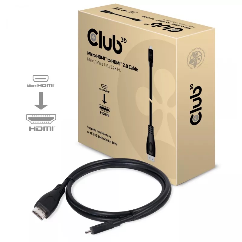 Club 3D CAC-1351 Micro-HDMI-auf-HDMI-2.0-Kabel, 4K60Hz, Stecker/Stecker, 1 m, Schwarz