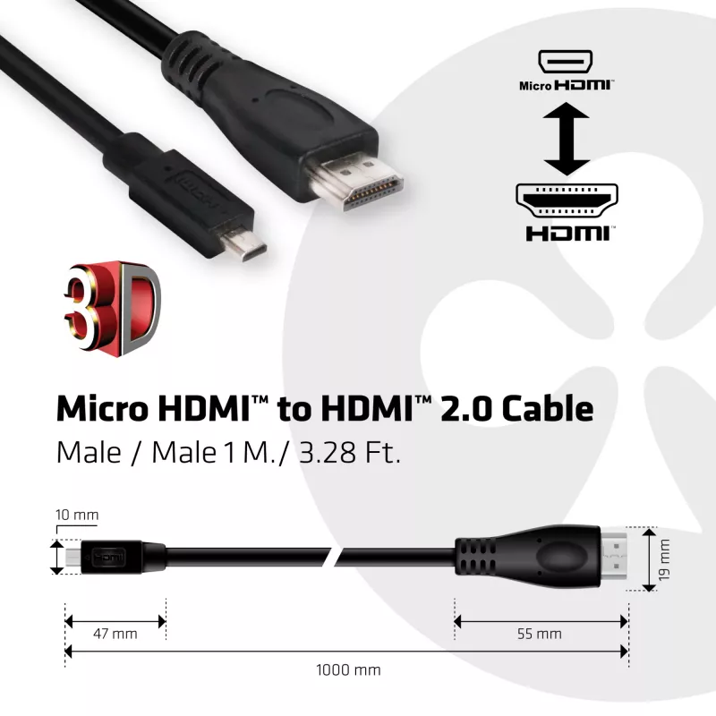Club 3D CAC-1351 Micro-HDMI-auf-HDMI-2.0-Kabel, 4K60Hz, Stecker/Stecker, 1 m, Schwarz