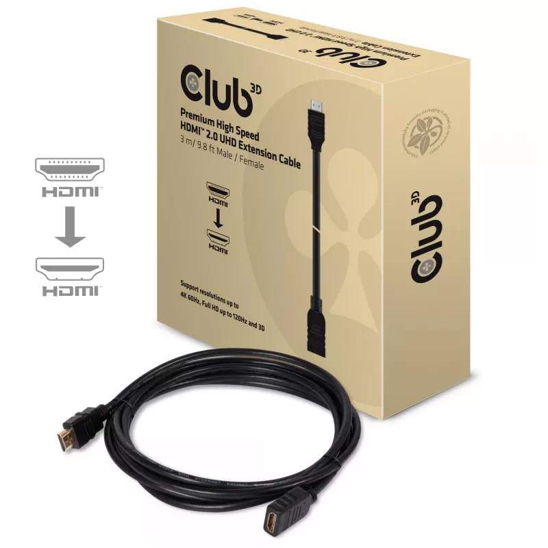 Club 3D CAC-1321 High-Speed-HDMI-2.0-Verlängerungskabel, 4K60Hz, Stecker/Buchse, 3 m, Schwarz