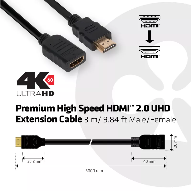 Club 3D CAC-1321 High-Speed-HDMI-2.0-Verlängerungskabel, 4K60Hz, Stecker/Buchse, 3 m, Schwarz