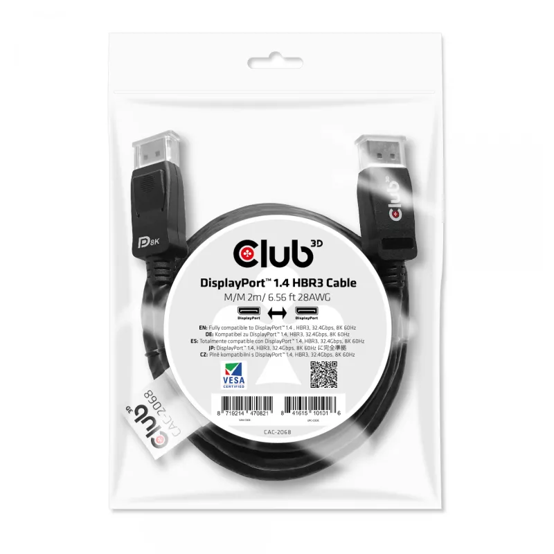 Club 3D CAC-2068 DisplayPort-1.4-Kabel, HBR3, 32,4 Gbit/s, 8K60Hz, St/St, 2 m, Schwarz