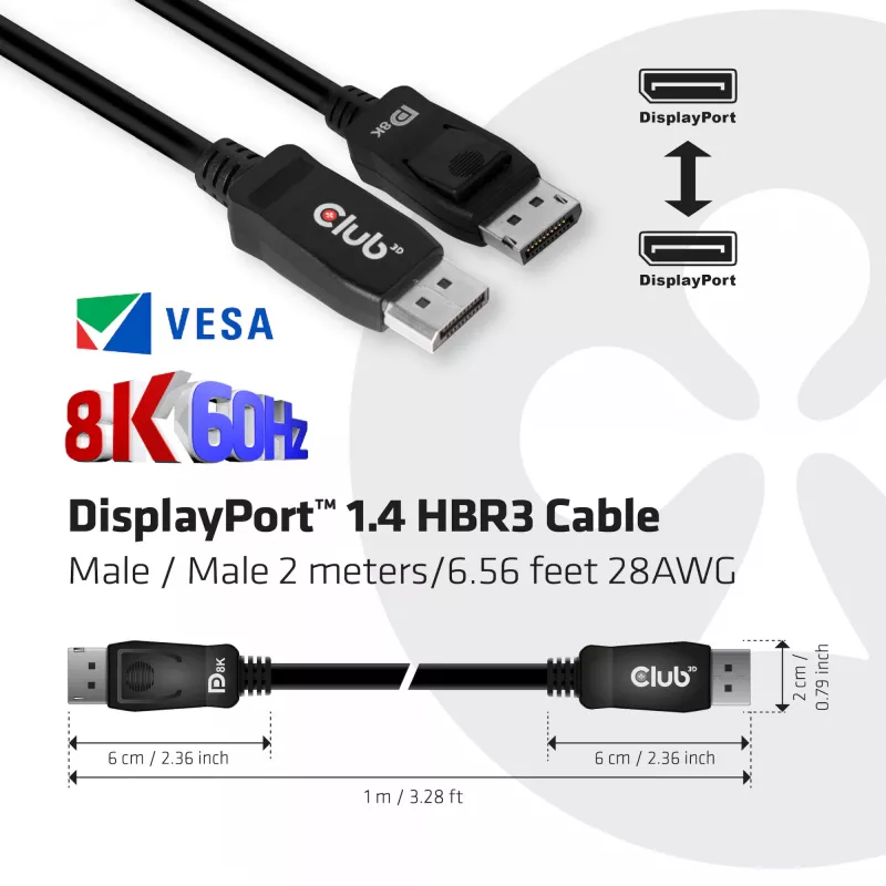 Club 3D CAC-2068 DisplayPort-1.4-Kabel, HBR3, 32,4 Gbit/s, 8K60Hz, St/St, 2 m, Schwarz