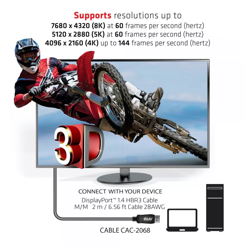 Club 3D CAC-2068 DisplayPort-1.4-Kabel, HBR3, 32,4 Gbit/s, 8K60Hz, St/St, 2 m, Schwarz