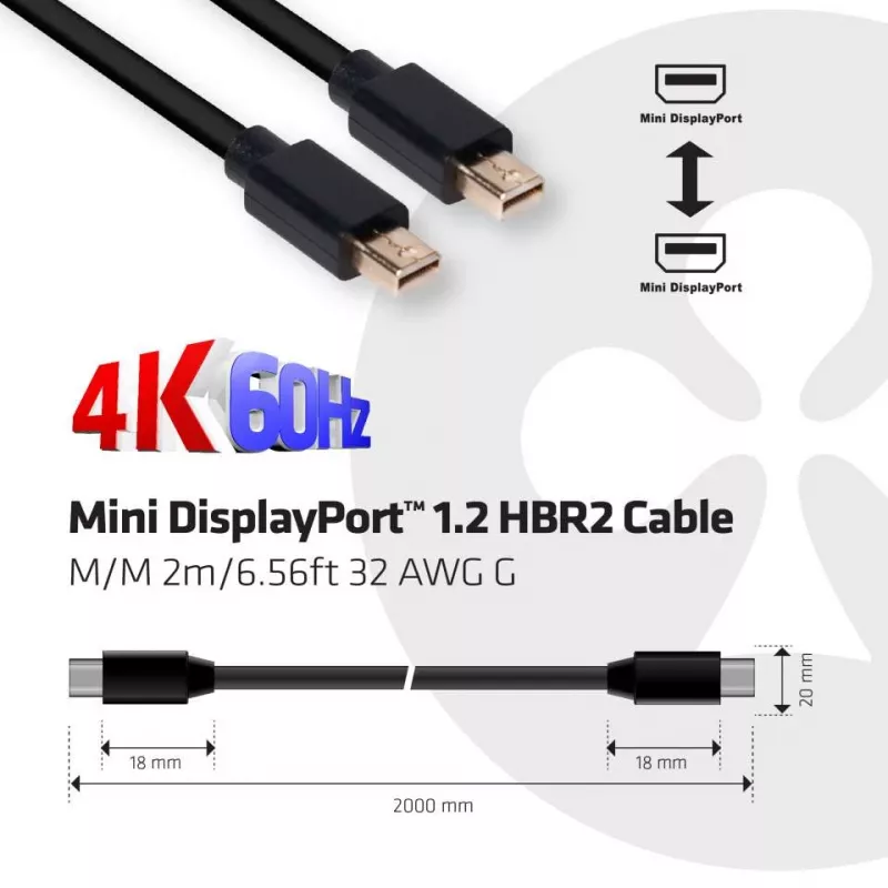 Club 3D CAC-2161 Mini-DisplayPort-1.2-HBR2-Kabel, 4K, St/St, 2 m, Schwarz