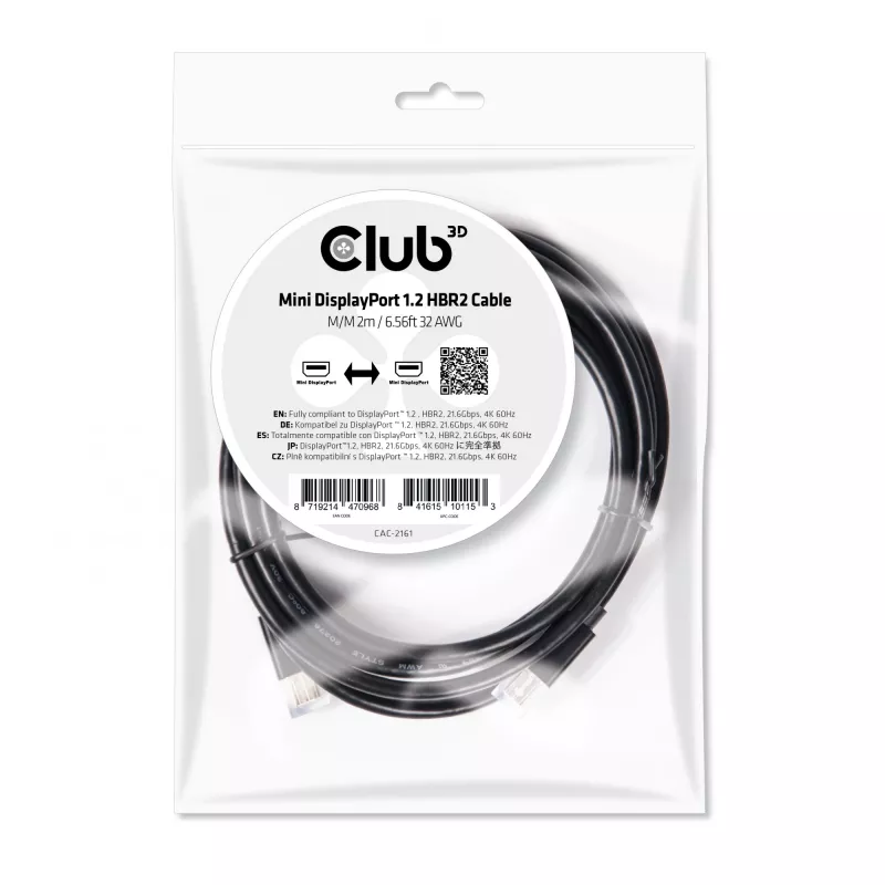 Club 3D CAC-2161 Mini-DisplayPort-1.2-HBR2-Kabel, 4K, St/St, 2 m, Schwarz
