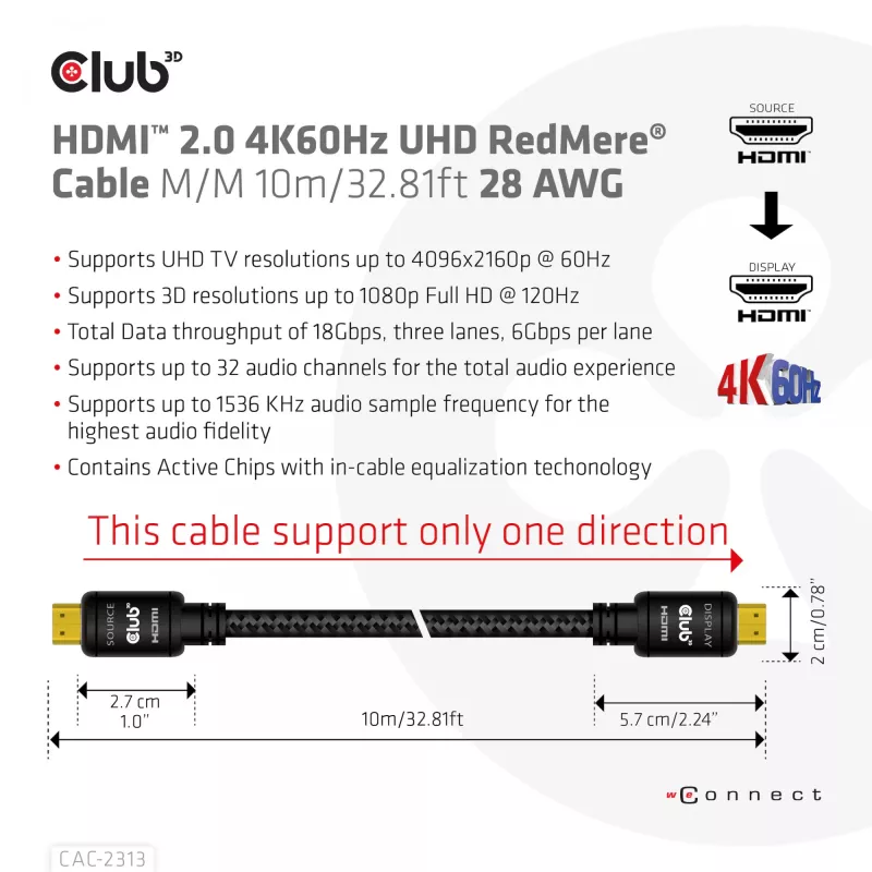 CLUB3D HDMI 2.0 4K60Hz RedMere-Kabel 10m/32,8ft