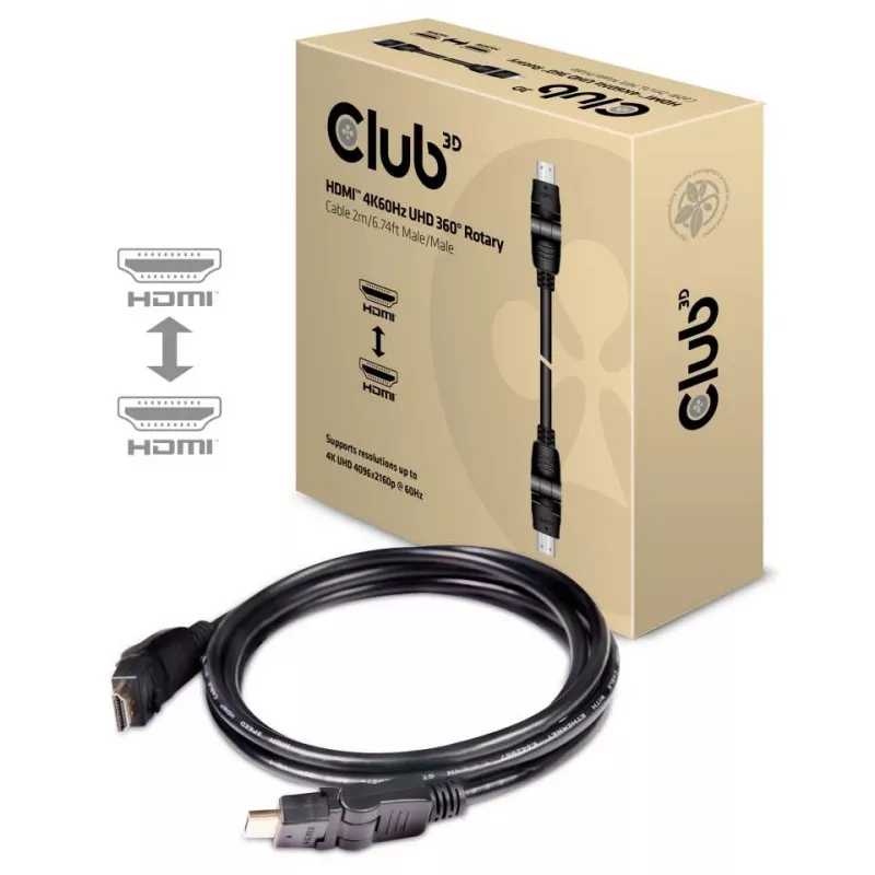 Club 3D CAC-1360 HDMI-2.0-Kabel mit Ethernet, 360° drehbar, 4K60Hz UHD, St/St, 2 m, Schwarz