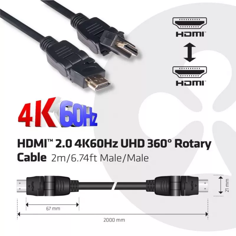 Club 3D CAC-1360 HDMI-2.0-Kabel mit Ethernet, 360° drehbar, 4K60Hz UHD, St/St, 2 m, Schwarz