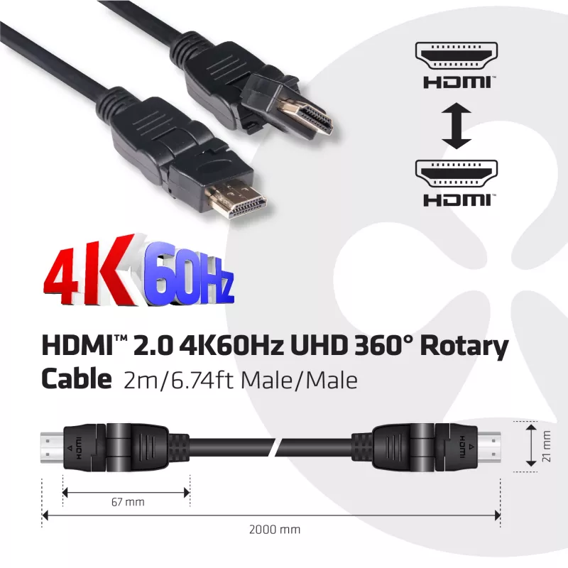 Club 3D CAC-1360 HDMI-2.0-Kabel mit Ethernet, 360° drehbar, 4K60Hz UHD, St/St, 2 m, Schwarz