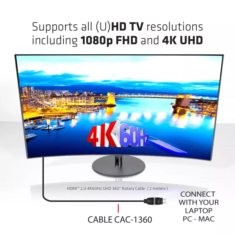 Club 3D CAC-1360 HDMI-2.0-Kabel mit Ethernet, 360° drehbar, 4K60Hz UHD, St/St, 2 m, Schwarz