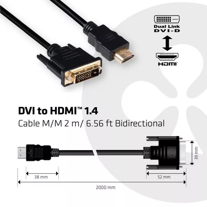 Club 3D CAC-1210 DVI-D-auf-HDMI-1.4-Kabel, Dual Link, bidirektional, 4K, St./St., 2 m, Schwarz