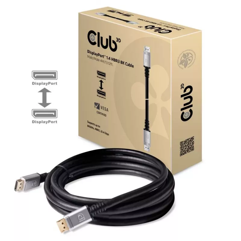 Club 3D CAC-1069 DisplayPort-1.4-HBR3-Kabel, 8K 60 Hz, 32,4 Gbit/s, DSC, HDR, VESA-zertifiziert, St./St., 4 m, Schwarz