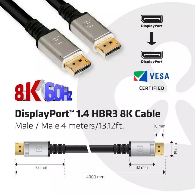 Club 3D CAC-1069 DisplayPort-1.4-HBR3-Kabel, 8K 60 Hz, 32,4 Gbit/s, DSC, HDR, VESA-zertifiziert, St./St., 4 m, Schwarz