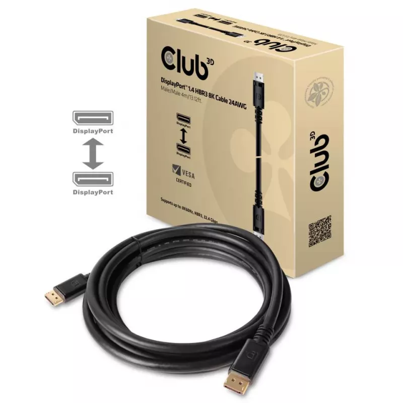 Club 3D CAC-1069B DisplayPort-1.4-HBR3-Kabel, 8K 60 Hz, 32,4 Gbit/s, DSC 1.2, VESA-zertifiziert, St./St., 4 m, Schwarz