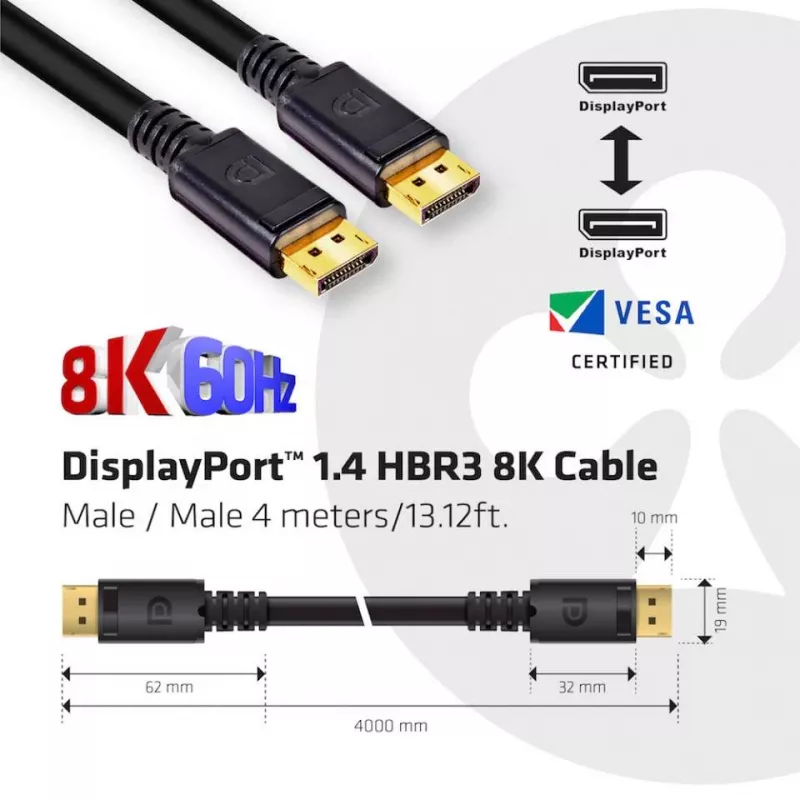 Club 3D CAC-1069B DisplayPort-1.4-HBR3-Kabel, 8K 60 Hz, 32,4 Gbit/s, DSC 1.2, VESA-zertifiziert, St./St., 4 m, Schwarz