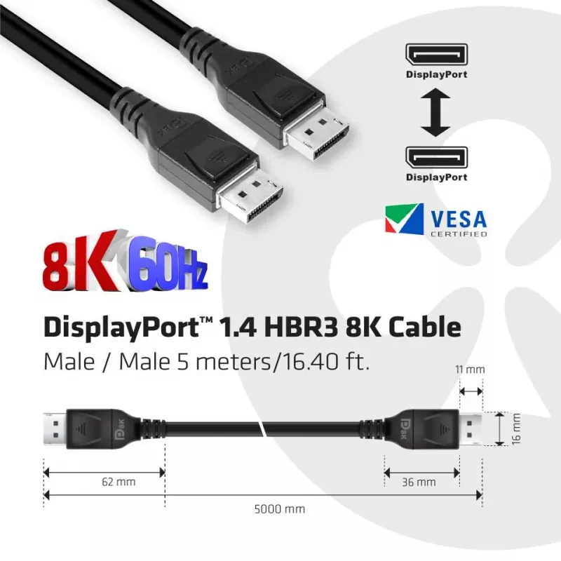 Club 3D CAC-1061 DisplayPort-1.4-HBR3-Kabel, 8K 60 Hz, 32,4 Gbit/s, DSC 1.2, VESA-zertifiziert, mit Verriegelung, St./St., 5 m, Schwarz