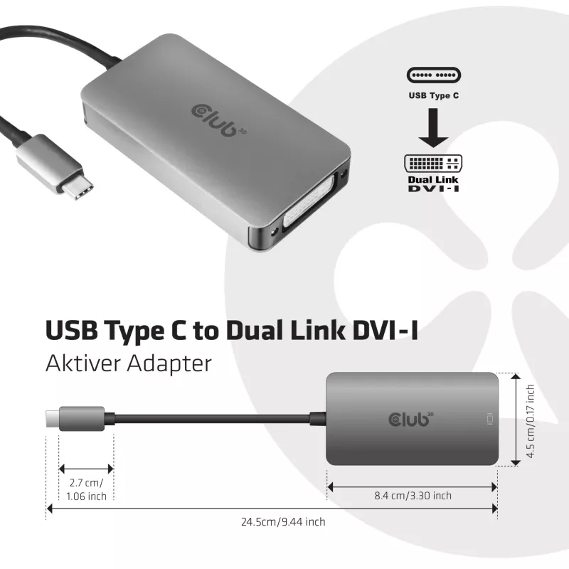 CLUB3D USB3.2 Gen1 Typ-C auf Dual Link DVI-D HDCP ON Version Aktiver Adapter M/F