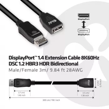CLUB3D DisplayPort 1.4 Verlängerungskabel 8K60Hz DSC 1.2 HBR3 HDR bidirektional M/F 3m/9.84ft