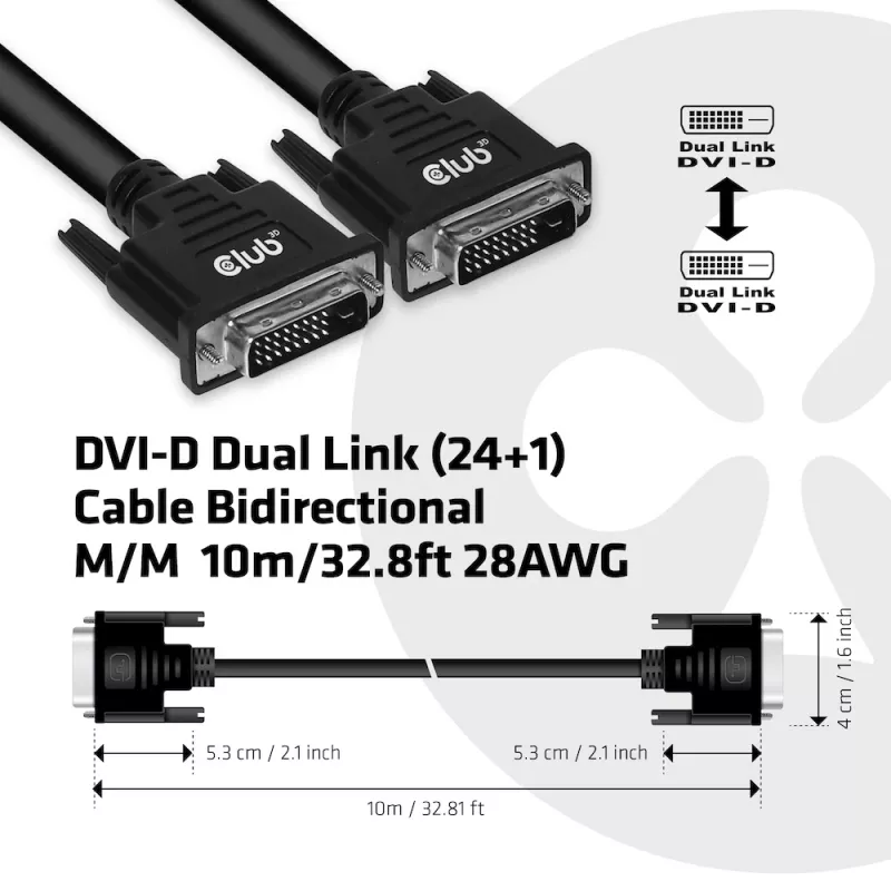 Club 3D CAC-1220 DVI-D Dual Link (24+1) Kabel St./St., bidirektional, 28AWG, vergoldete Kontakte, 10 m (32,8 ft), Schwarz