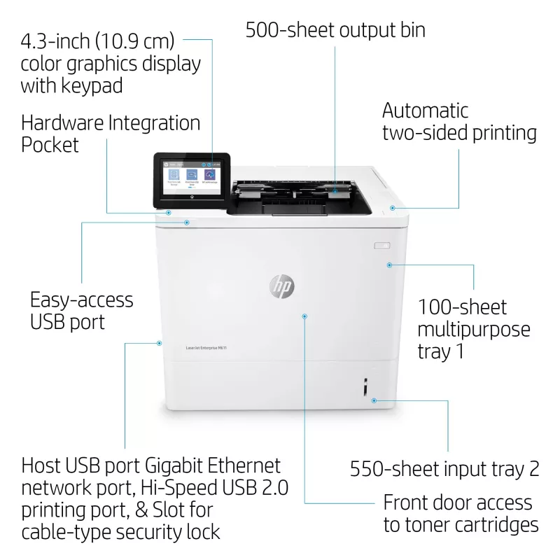 HP LaserJet Enterprise M611dn, Laser, 1200 x 1200 DPI, A4, 61 ppm, Duplexdruck, netzwerkfähig