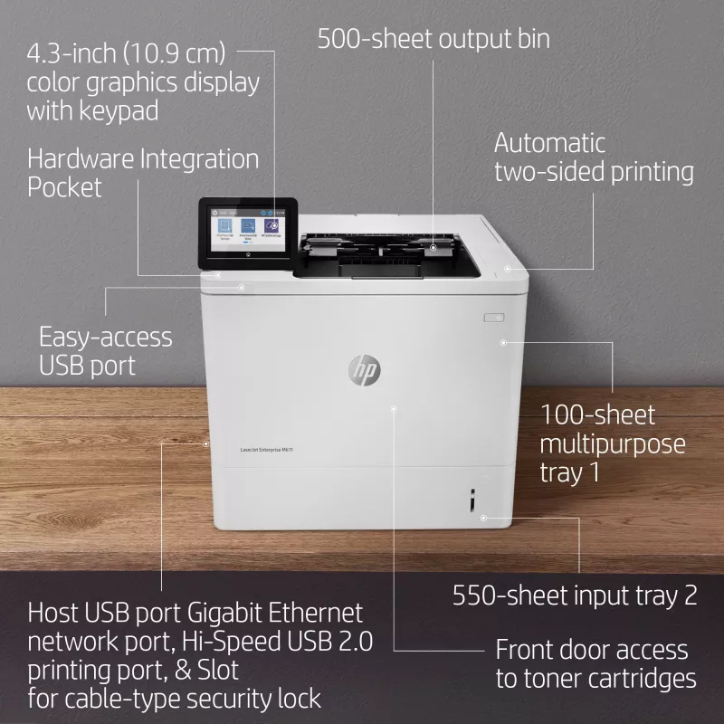 HP LaserJet Enterprise M611dn, Laser, 1200 x 1200 DPI, A4, 61 ppm, Duplexdruck, netzwerkfähig