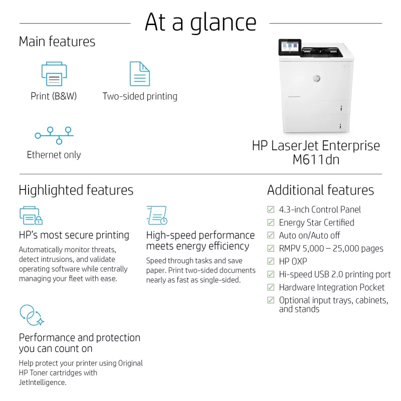 HP LaserJet Enterprise M611dn, Laser, 1200 x 1200 DPI, A4, 61 ppm, Duplexdruck, netzwerkfähig