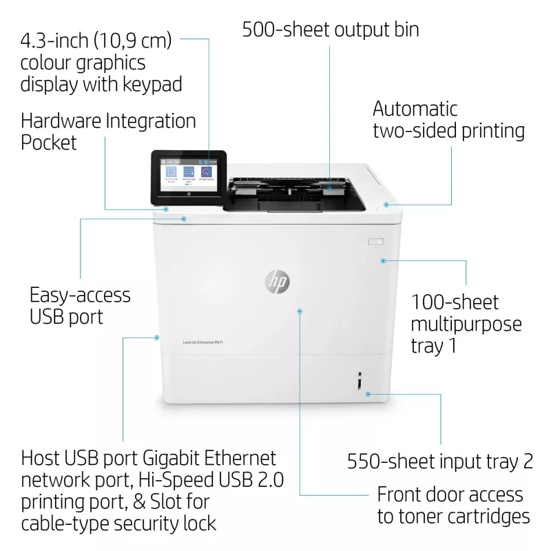 HP LaserJet Enterprise M611dn, Laser, 1200 x 1200 DPI, A4, 61 ppm, Duplexdruck, netzwerkfähig