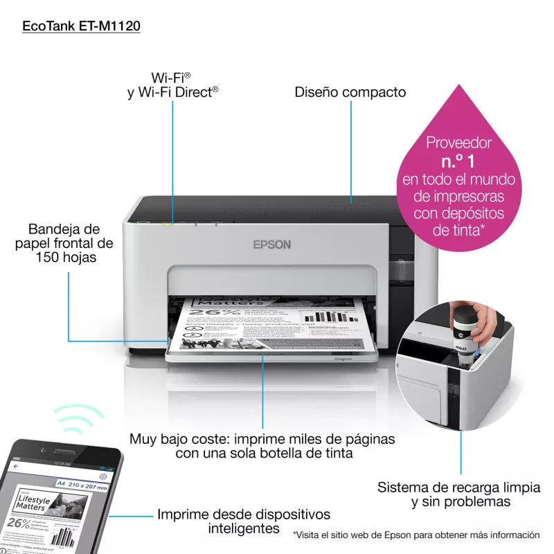 Tintenstrahldrucker Epson EcoTank ET-M1120 — monochrom, A4, 1440x720 DPI, Wi‑Fi, nachfüllbarer Tintentank