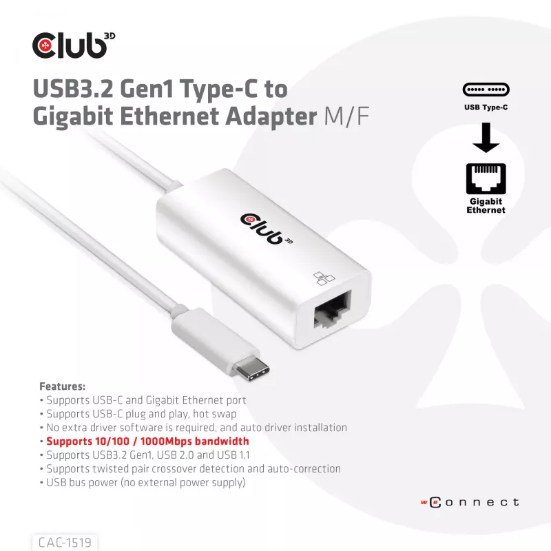 USB3.2 Gen1 Type-C zu Gigabit Ethernet Adapter CLUB3D CAC-1519