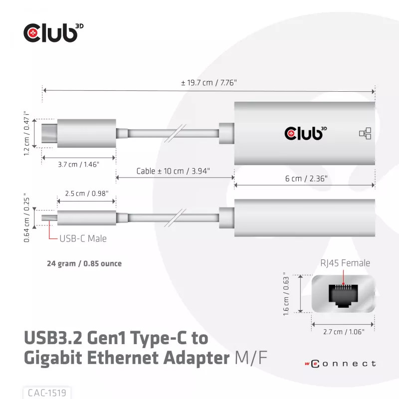 USB3.2 Gen1 Type-C zu Gigabit Ethernet Adapter CLUB3D CAC-1519