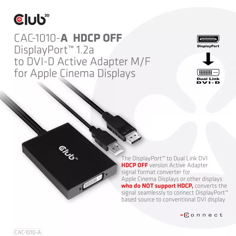 Club 3D CAC-1010-A aktiver DisplayPort-auf-Dual-Link-DVI-D-Adapter, DisplayPort 1.2a, USB-Stromversorgung, HDCP OFF, 0,6 m, Schwarz