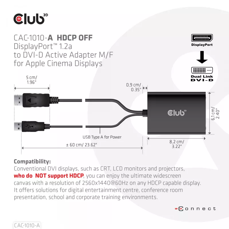 Club 3D CAC-1010-A aktiver DisplayPort-auf-Dual-Link-DVI-D-Adapter, DisplayPort 1.2a, USB-Stromversorgung, HDCP OFF, 0,6 m, Schwarz