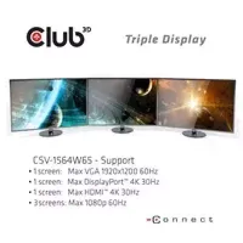 CLUB3D UNIVERSAL USB Gen1 Type-C Triple Display Dynamic PD Charging Dock mit 65 Watt Netzteil (VGA, HDMI, DP, ETHERNET)