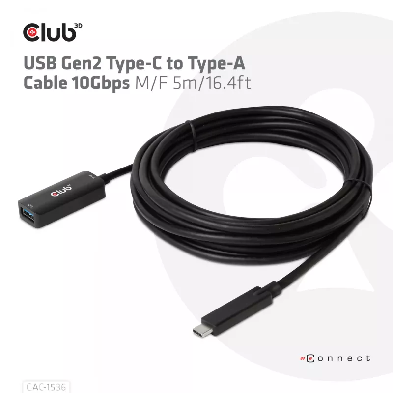 Club 3D CAC-1536 USB 3.2 Gen2 Typ-C auf Typ-A Verlängerungskabel, 10 Gbit/s, Stecker/Buchse, 5 m, schwarz