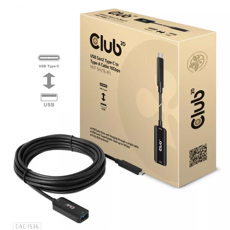Club 3D CAC-1536 USB 3.2 Gen2 Typ-C auf Typ-A Verlängerungskabel, 10 Gbit/s, Stecker/Buchse, 5 m, schwarz