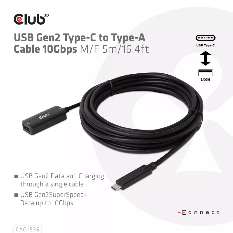 Club 3D CAC-1536 USB 3.2 Gen2 Typ-C auf Typ-A Verlängerungskabel, 10 Gbit/s, Stecker/Buchse, 5 m, schwarz